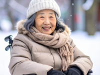 車いすの女性が、笑顔で乗車する車に乗り込む前の画像