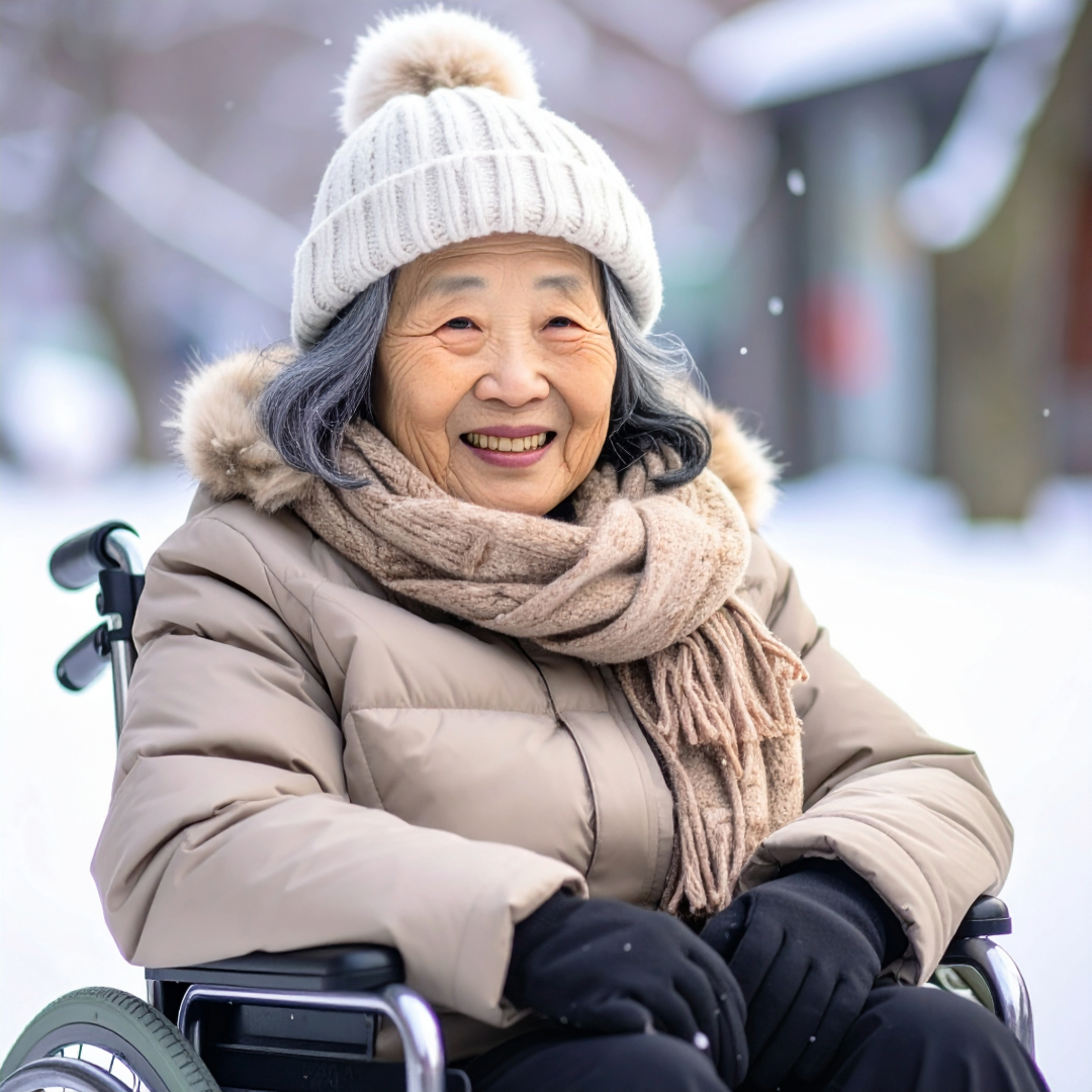 車いすの女性が、笑顔で乗車する車に乗り込む前の画像